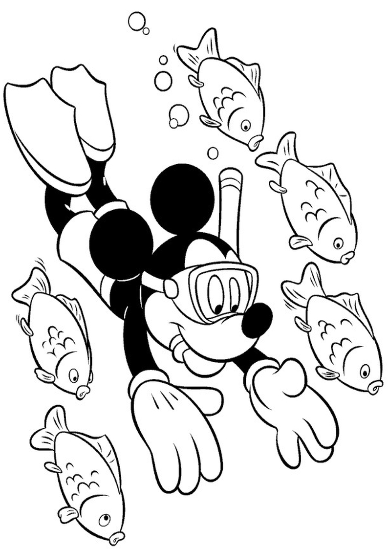 kolorowanka Myszka Miki nurkuje z rurką pośród rybek, malowanka do wydruku dla dzieci nr 4